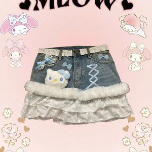 Cute Sanrio My Melody denim skirt with lace and fur trim